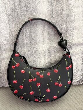 Betsey Johnson Black Crescent Shoulder Bag with Red Cherry Print